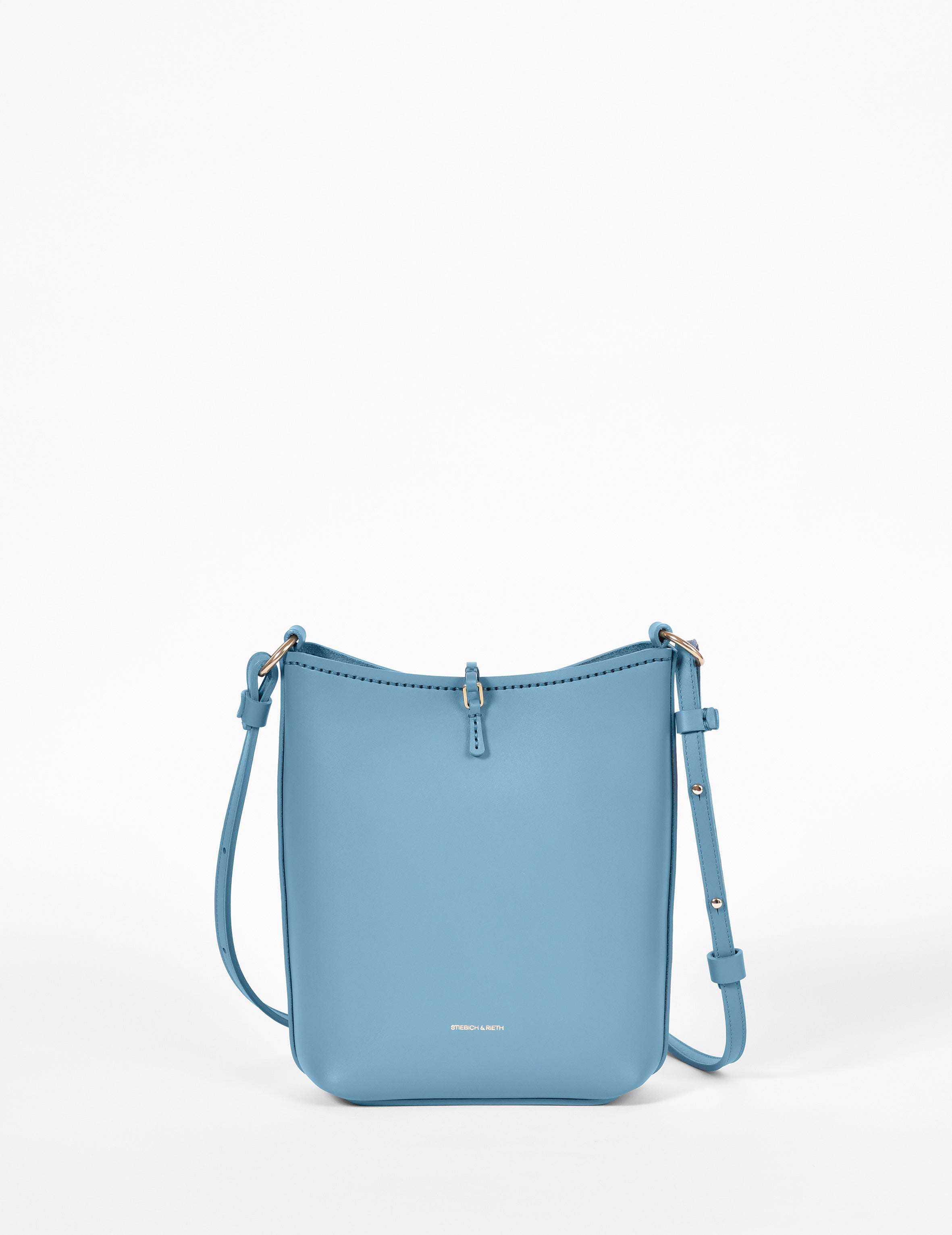 Kleine handgenähte Beuteltasche aus blauem Rindleder.