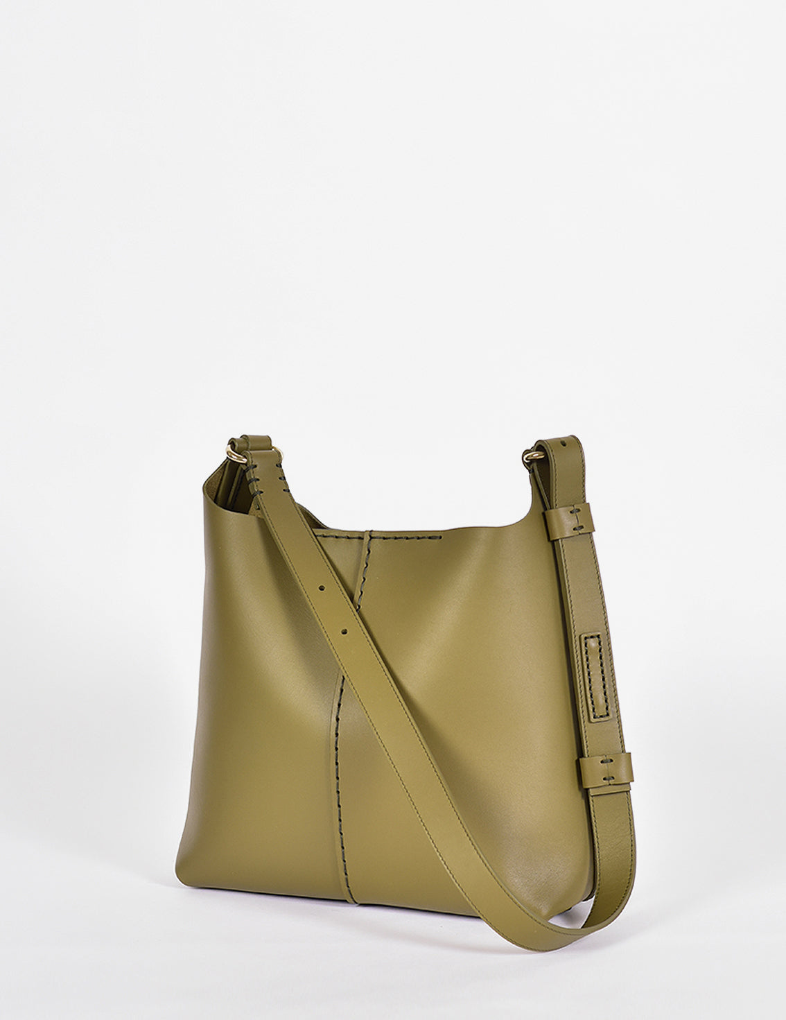 Handgenähte Schultertasche aus olivgrünem Rindleder